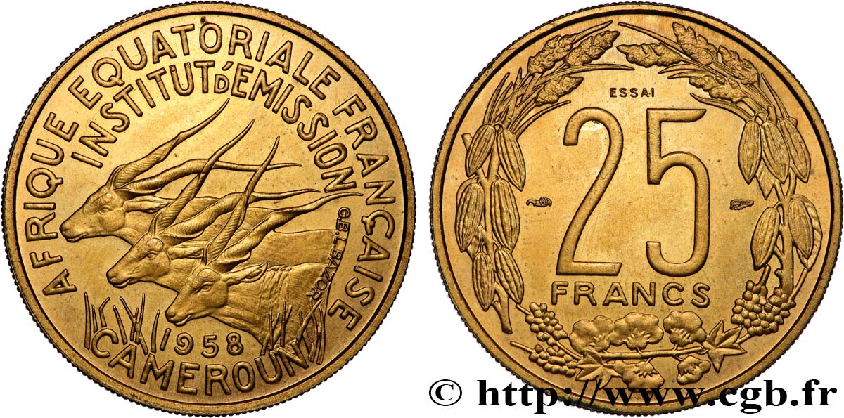 FRENCH EQUATORIAL AFRICA - CAMEROON 25 Francs ESSAI 1958 Paris MS 