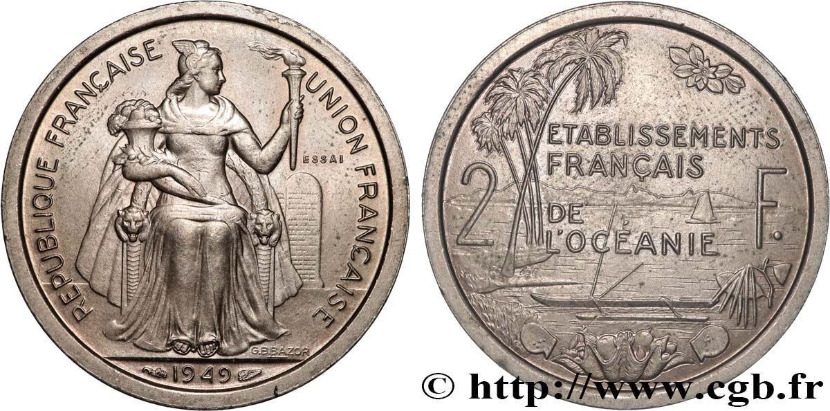 POLINESIA FRANCESE - Oceania Francese Essai de 2 Francs Établissements français de l’Océanie 1949 Paris MS 