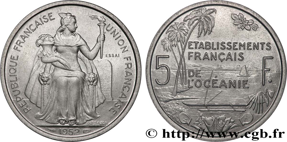 POLINESIA FRANCESE - Oceania Francese Essai de 5 Francs 1952 Paris MS 