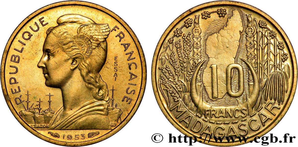 MADAGASCAR French Union 10 Francs ESSAI 1953 Paris MS 