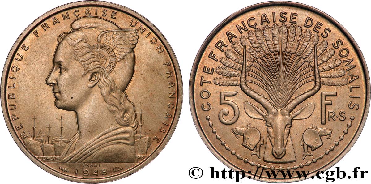 FRANZÖSISCHE SOMALILAND Essai de 5 Francs 1948 Paris fST 