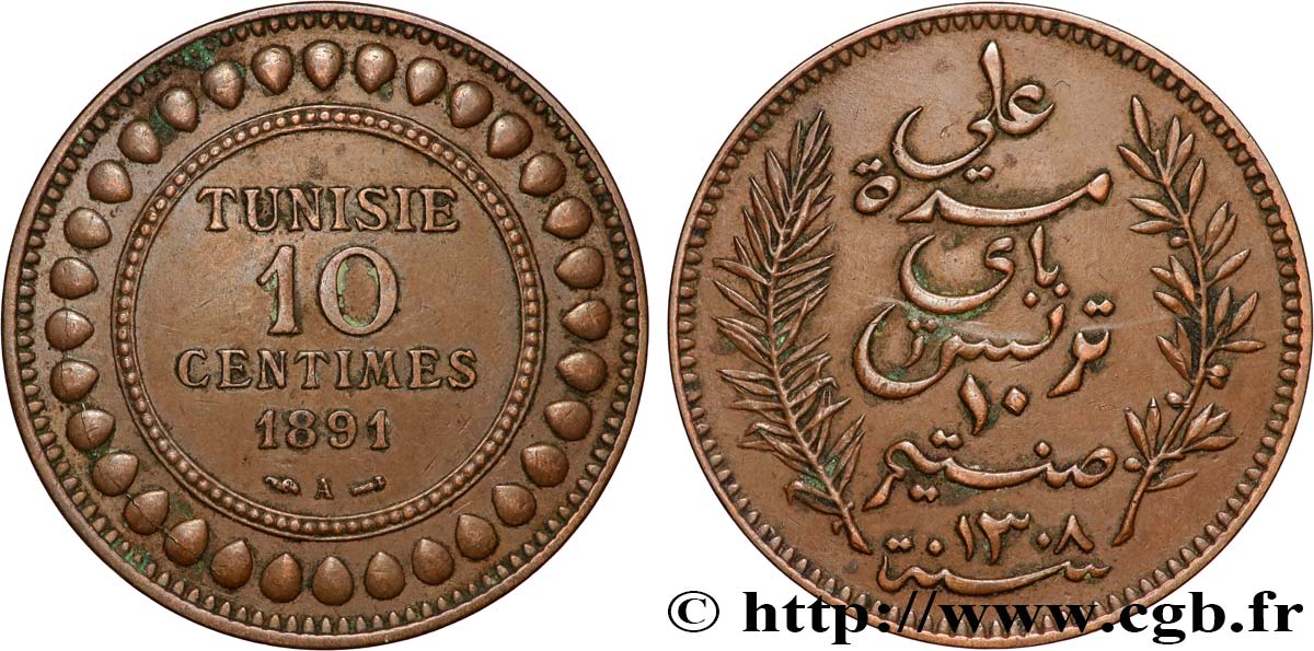 TUNISIA - FRENCH PROTECTORATE 10 Centimes AH1308 1891 Paris XF 