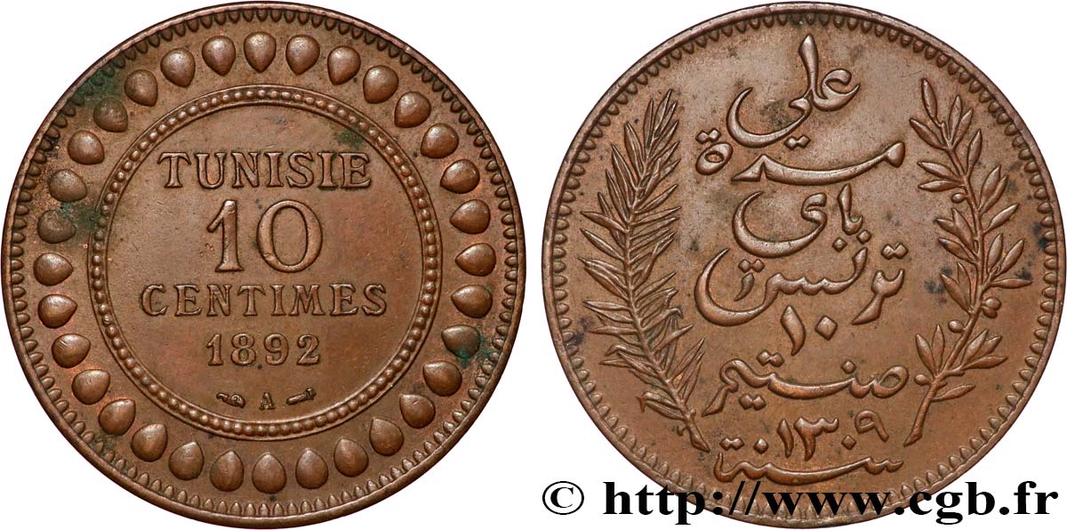 TUNISIA - FRENCH PROTECTORATE 10 Centimes AH1309 1892 Paris XF 