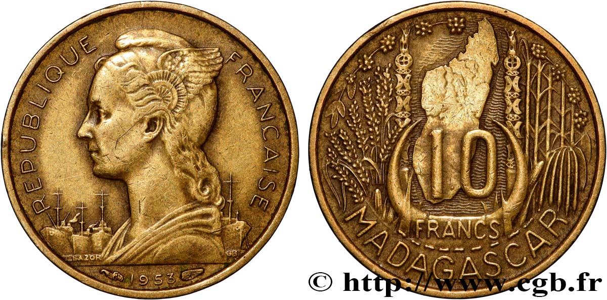 MADAGASCAR - Union française 10 Francs 1953 Paris TTB 