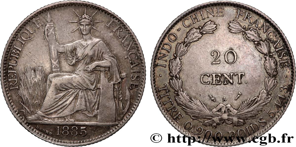 FRENCH INDOCHINA 20 Centièmes 1885 Paris XF 