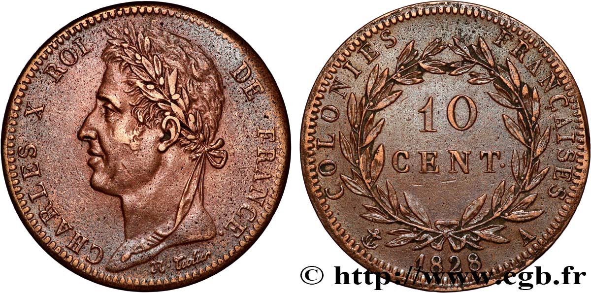 COLONIAS FRANCESAS - Charles X, para Guayana 10 Centimes Charles X 1828 Paris - A MBC 