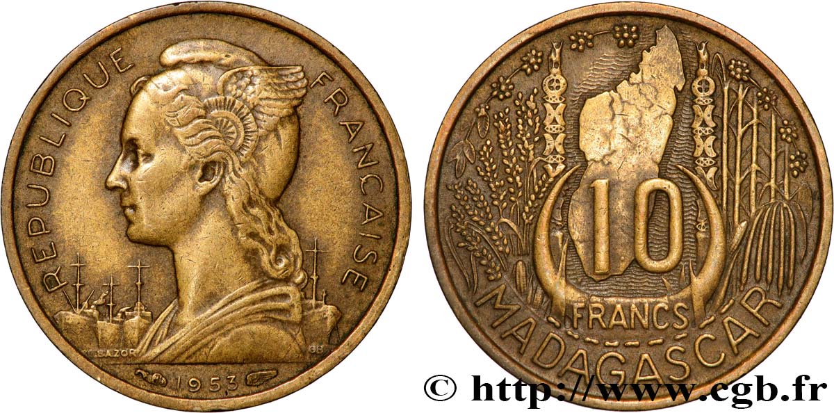 MADAGASCAR - UNIóN FRANCESA 10 Francs 1953 Paris MBC 