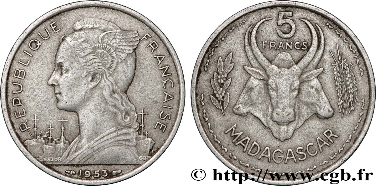 MADAGASCAR - UNIóN FRANCESA 5 Francs 1953 Paris MBC 