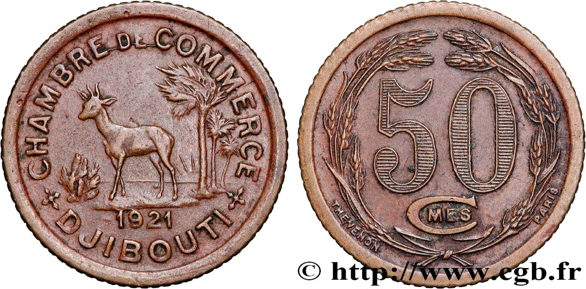 YIBUTI 50 Centimes Chambre de Commerce de Djibouti 1921 Paris MBC+ 