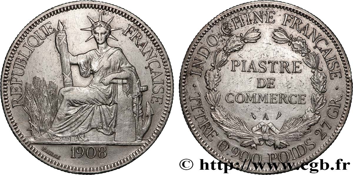 FRENCH INDOCHINA 1 Piastre de Commerce 1908 Paris XF 