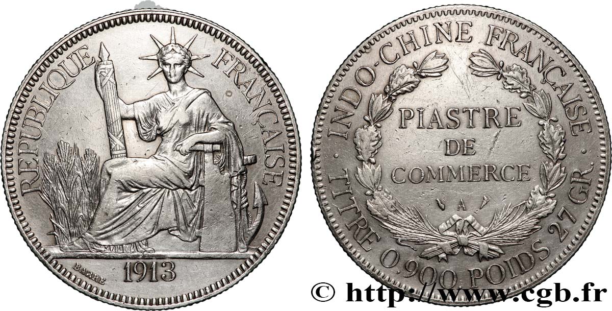 FRENCH INDOCHINA 1 Piastre de Commerce 1913 Paris AU 