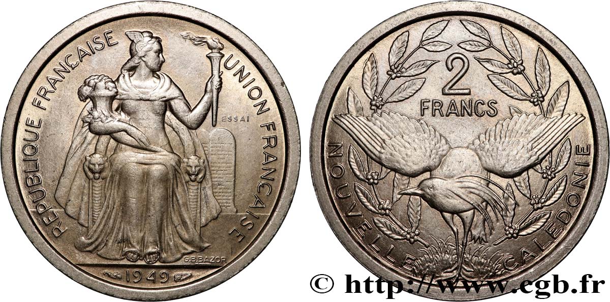 NUEVA CALEDONIA Essai de 2 Francs 1949 Paris SC 