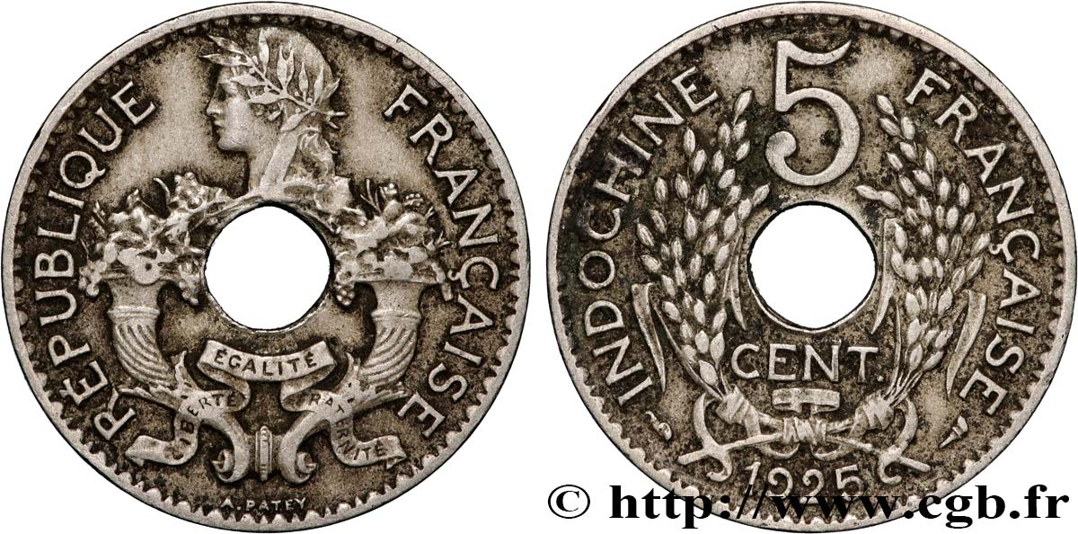 FRENCH INDOCHINA 5 Centièmes 1925 Paris XF 