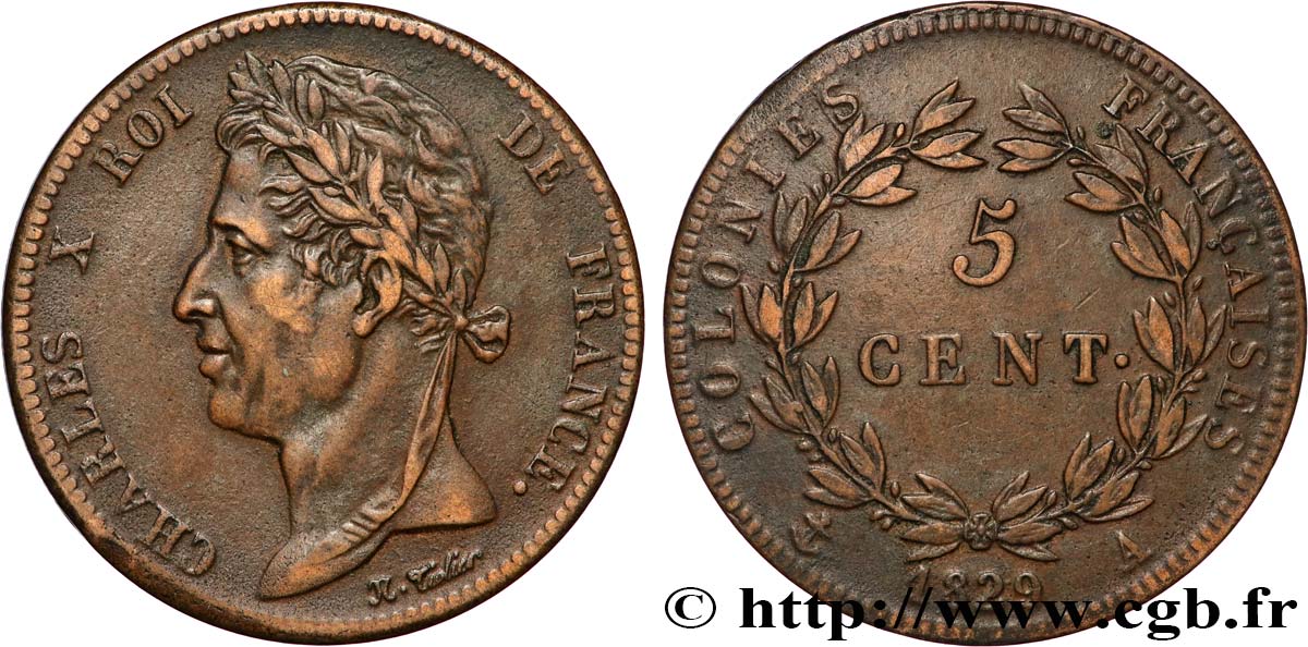 COLONIAS FRANCESAS - Charles X, para Guayana 5 Centimes Charles X 1829 Paris - A MBC 