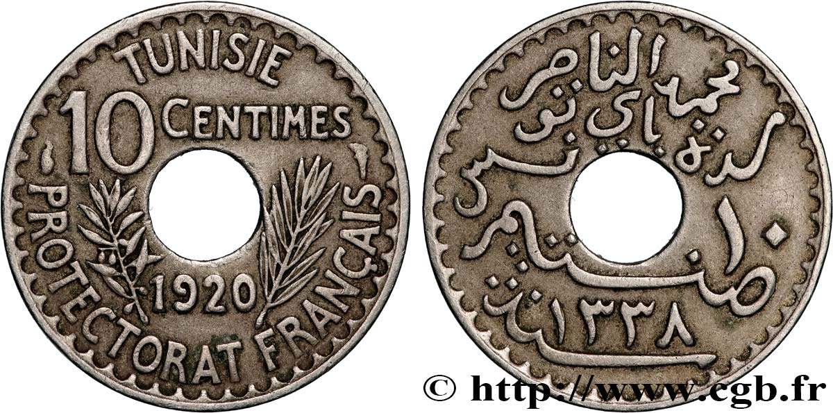 TUNISIA - French protectorate 10 Centimes AH1338 1920 Paris XF 