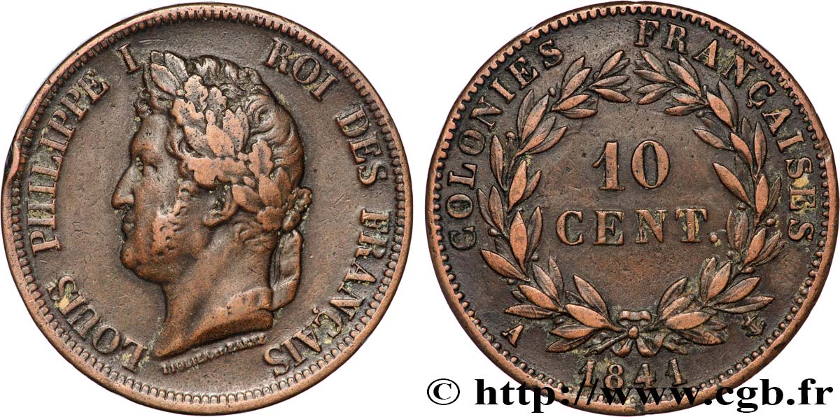 COLONIE FRANCESI - Luigi Filippo, per Guadalupa 10 Centimes 1841 Paris BB 