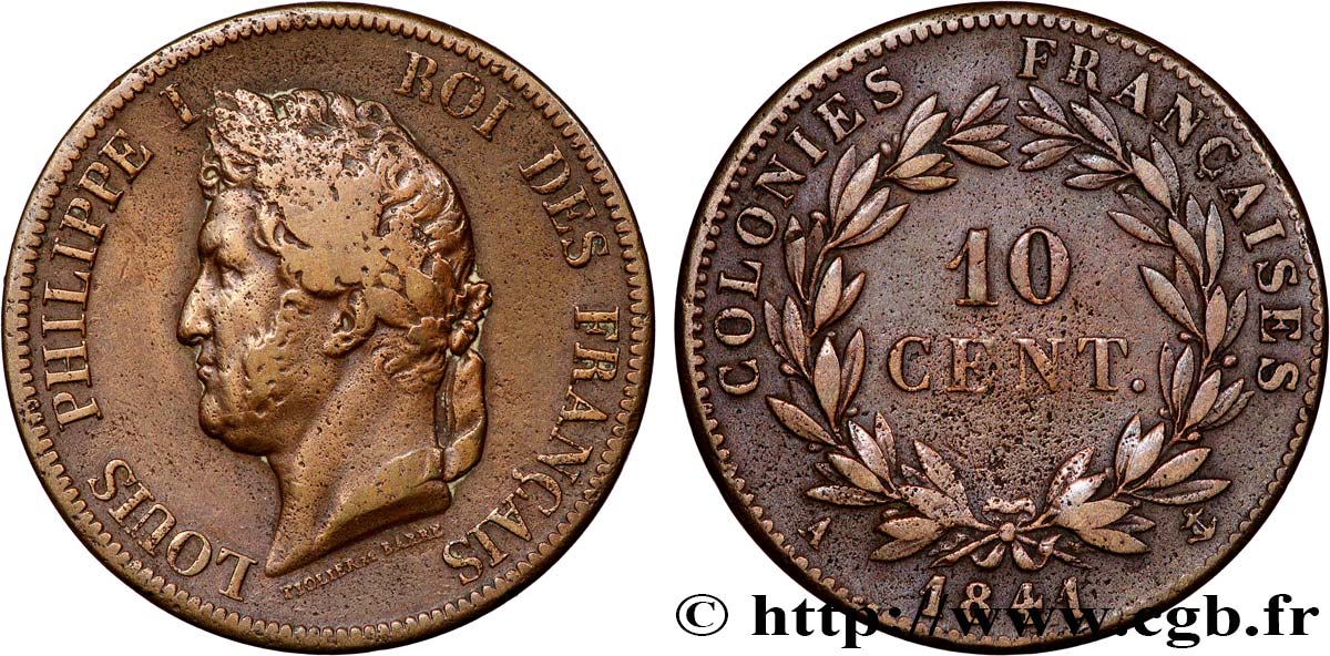 COLONIE FRANCESI - Luigi Filippo, per Guadalupa 10 Centimes 1841 Paris BB 