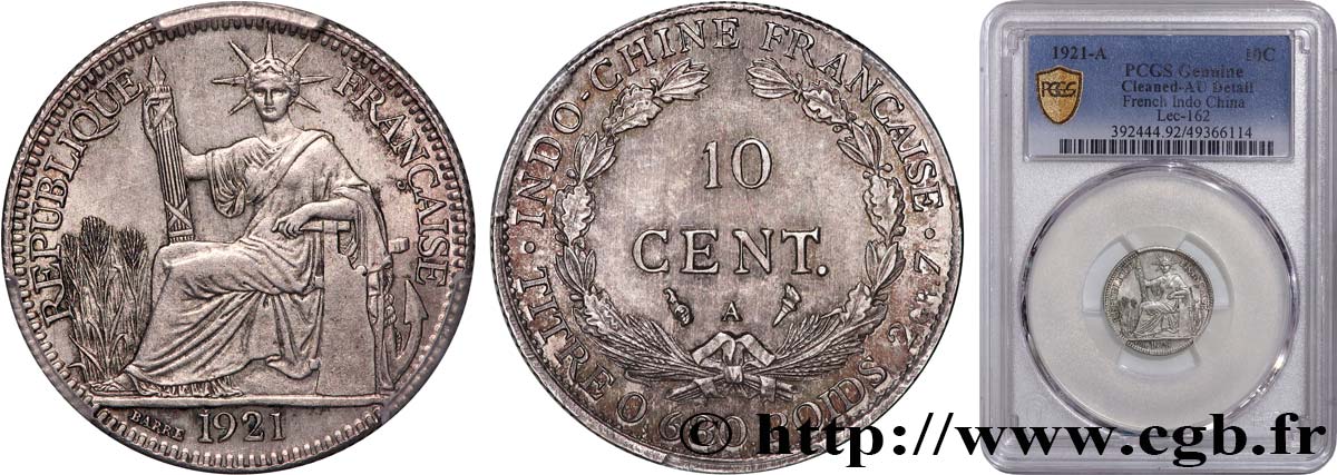 INDOCHINA 10 Centièmes 1921 Paris EBC PCGS