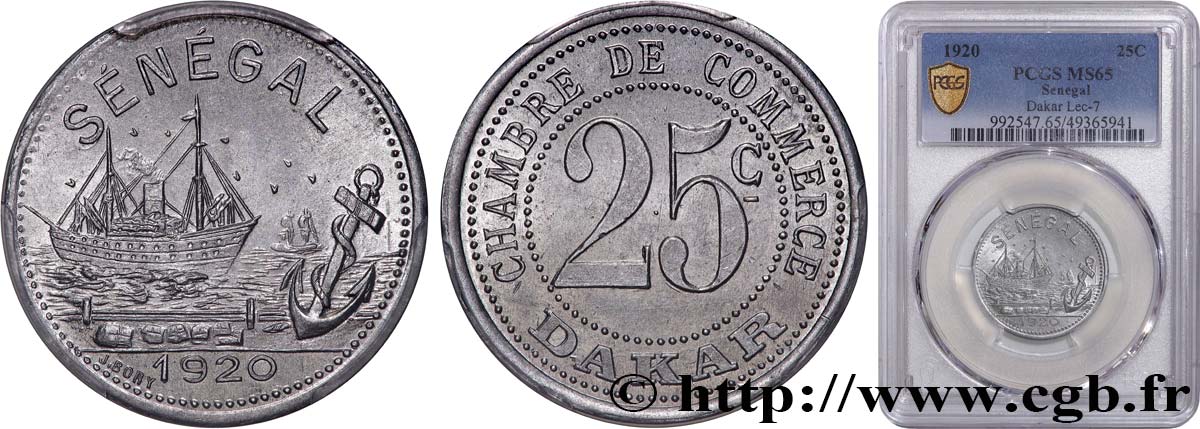 FRENCH AFRICA - SENEGAL 25 Centimes Chambre de Commerce de Dakar 1920 Dakar MS65 PCGS