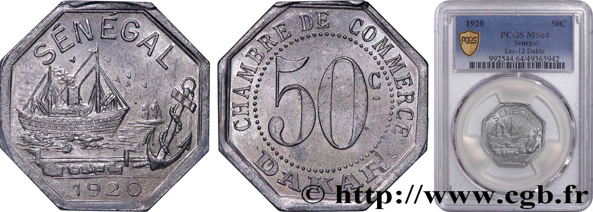 AFRIQUE FRANÇAISE - SÉNÉGAL 50 Centimes Chambre de Commerce de Dakar 1920 Dakar MS64 PCGS