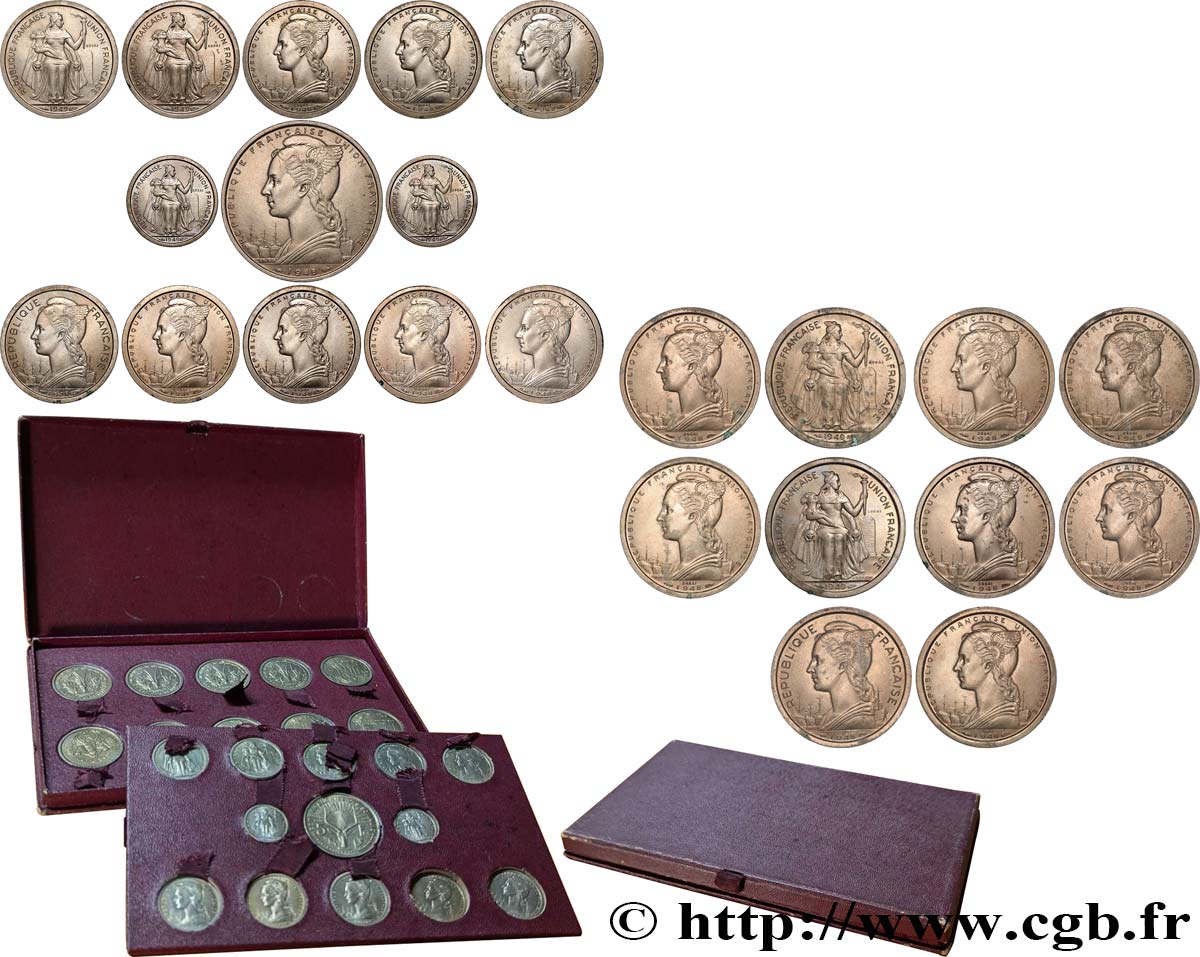 FRENCH UNION - FOURTH REPUBLIC Coffret de 23 essais Union Française pour les colonies en bronze-nickel 1948-1949 Paris MS 