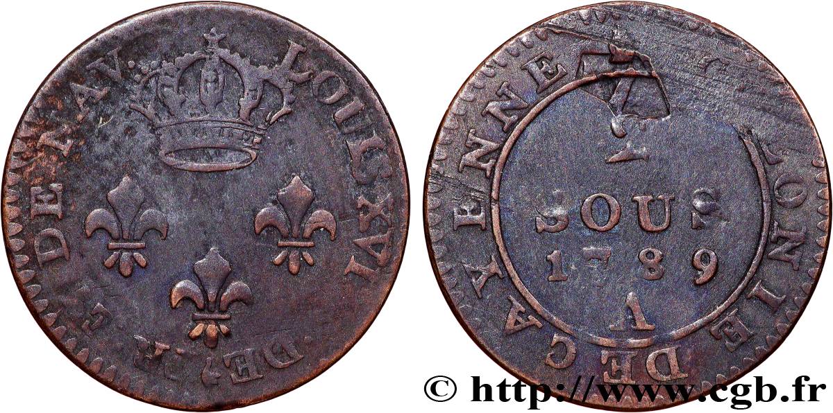 GUYANA FRANCESE 2 Sous colonie de Cayenne 2e type 1789 Paris - A q.BB 