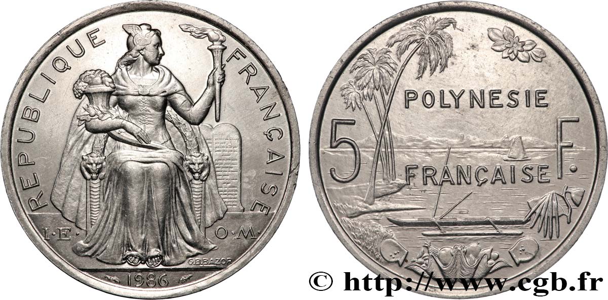 FRANZÖSISCHE-POLYNESIEN 5 Francs I.E.O.M. Polynésie Française 1986 Paris fST 