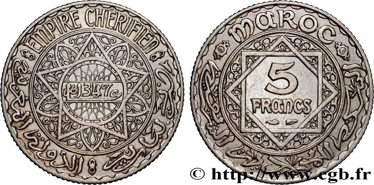 MAROC - PROTECTORAT FRANÇAIS 5 Francs AH 1347 1928 Paris TTB 