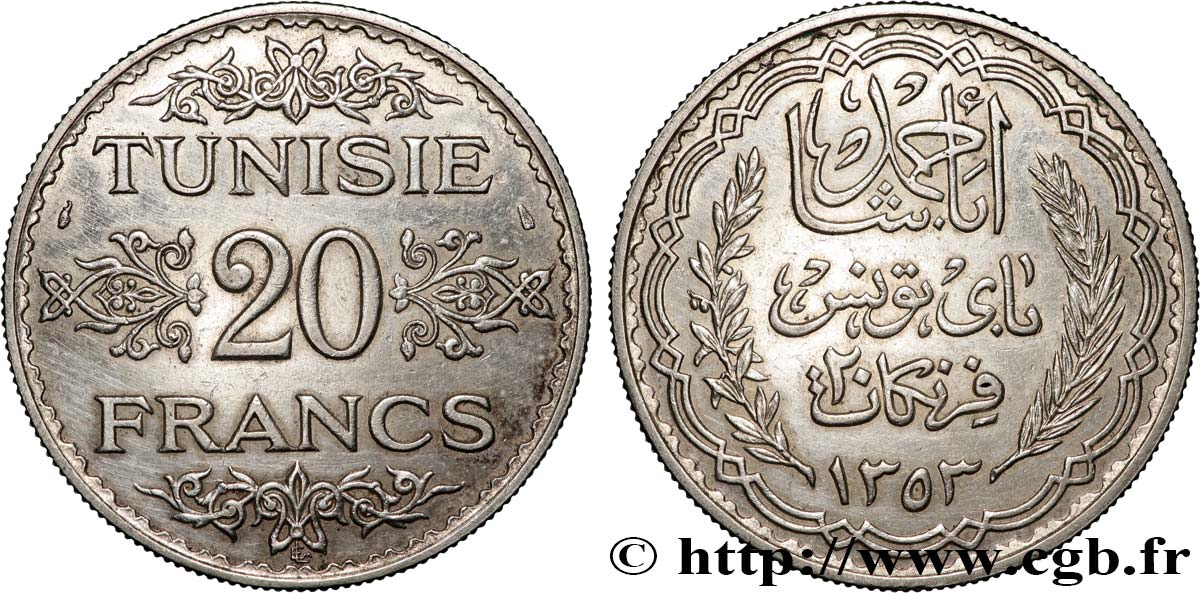 TUNESIEN - Französische Protektorate  20 Francs au nom du Bey Ahmed an 1353 1934 Paris fVZ 