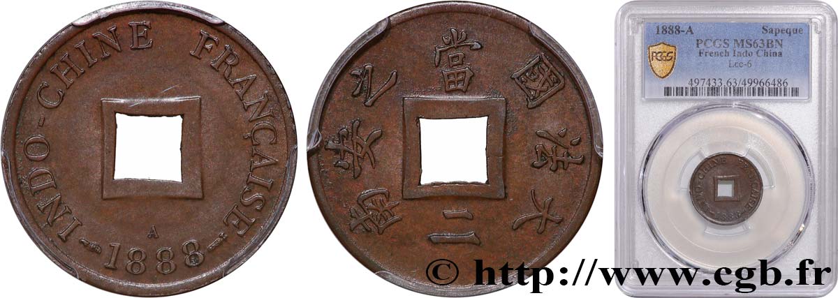 FRANZÖSISCHE-INDOCHINA 1 Sapèque (1/500 de Piastre) 1888 Paris fST63 PCGS