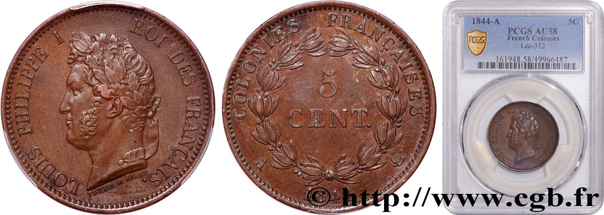 COLONIAS FRANCESAS - Louis-Philippe, para las Islas Marquesas 5 Centimes 1844 Paris EBC58 PCGS