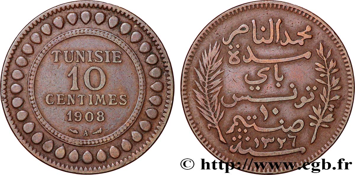 TUNEZ - Protectorado Frances 10 Centimes AH1326 1908 Paris MBC 