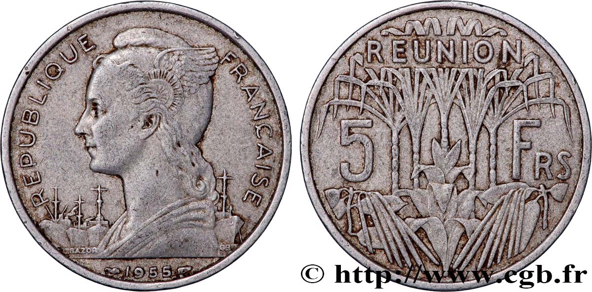 ISLA DE LA REUNIóN 5 Francs 1955 Paris BC+ 