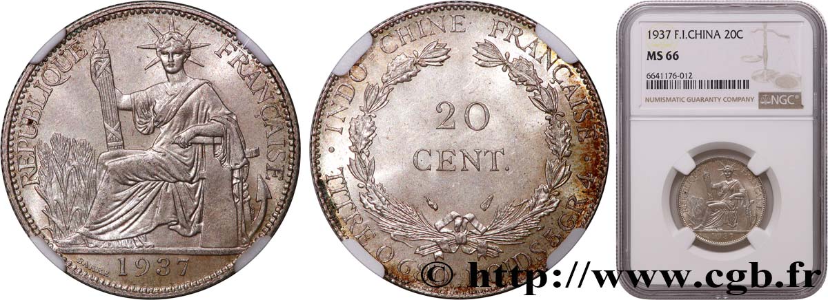 FRENCH INDOCHINA 20 Centièmes 1937 Paris MS66 NGC