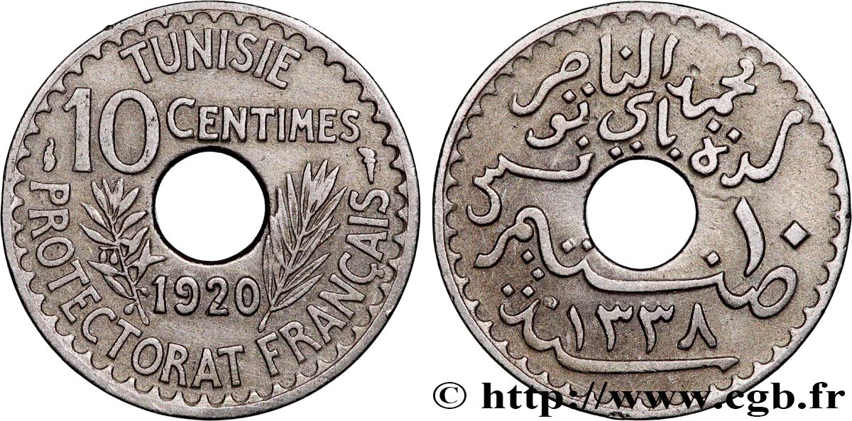 TUNISIA - French protectorate 10 Centimes AH1338 1920 Paris XF 