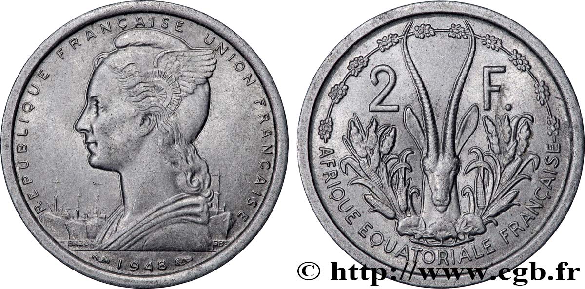 AFRICA ECUATORIAL FRANCESA - UNIóN FRANCESA 2 Francs 1948 Paris MBC+ 