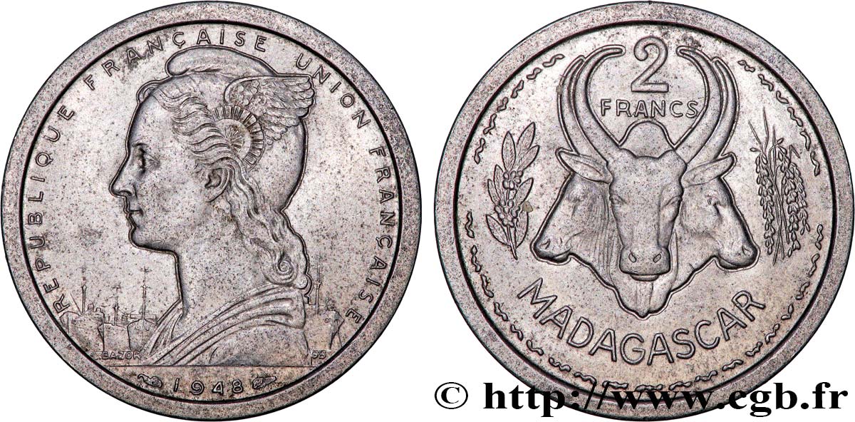 MADAGASCAR - Union française 2 Francs 1948 Paris TTB+ 