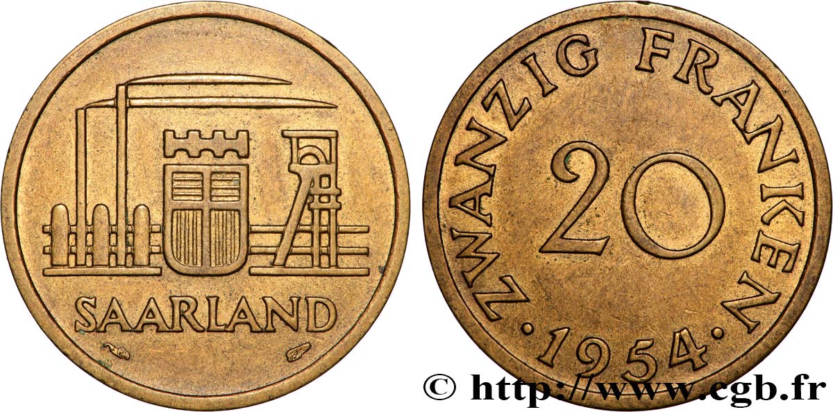 SAARLAND 20 Franken 1954 Paris q.SPL 