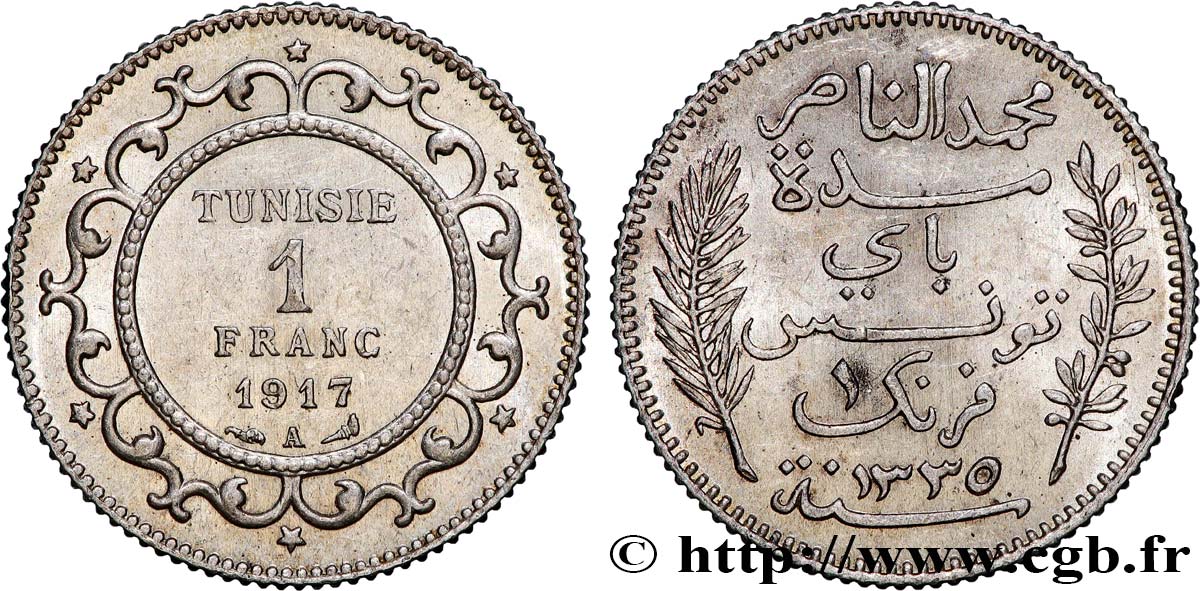 TUNISIA - French protectorate 1 Franc AH 1335 1917 Paris AU 