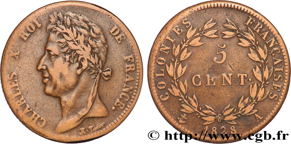 FRANZÖSISCHE KOLONIEN - Charles X, für Guayana 5 Centimes Charles X 1828 Paris - A fSS 