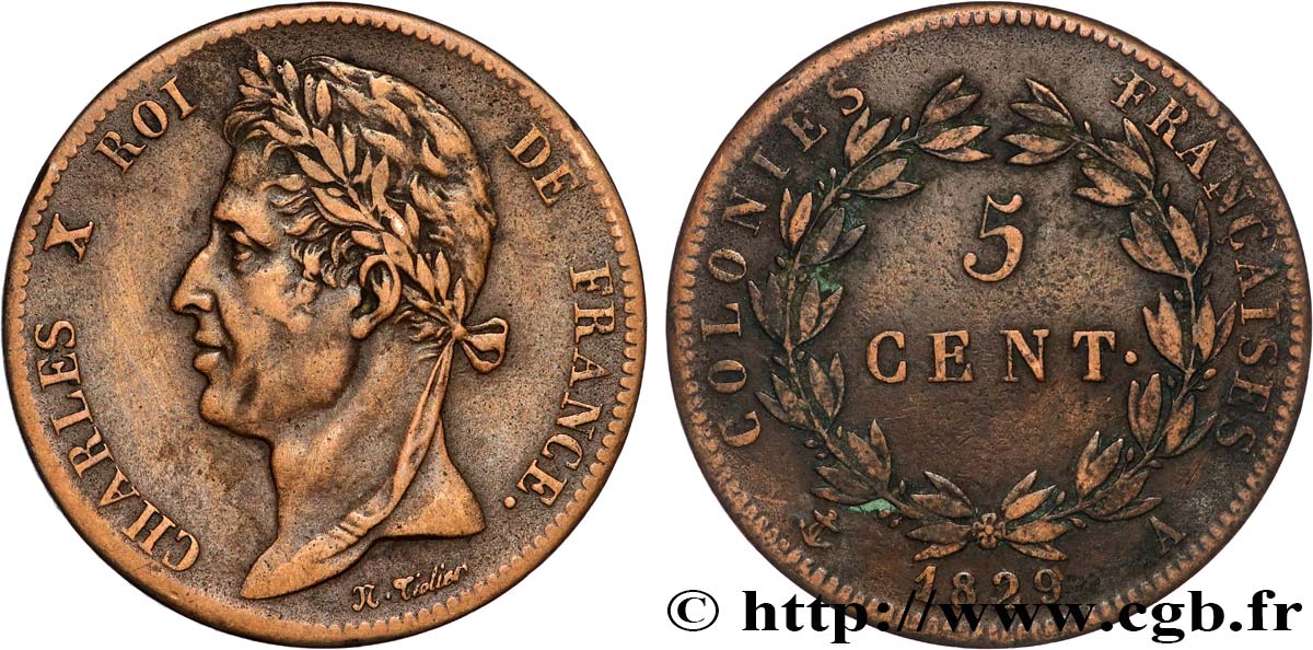 FRANZÖSISCHE KOLONIEN - Charles X, für Guayana 5 Centimes Charles X 1829 Paris - A fSS 