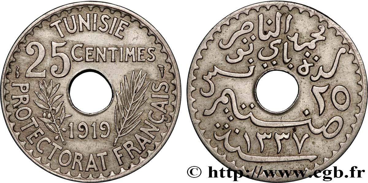 TUNESIEN - Französische Protektorate  25 Centimes AH 1337 1919 Paris SS 