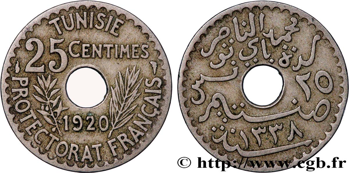 TUNISIA - French protectorate 25 Centimes AH1338 1920 Paris XF 