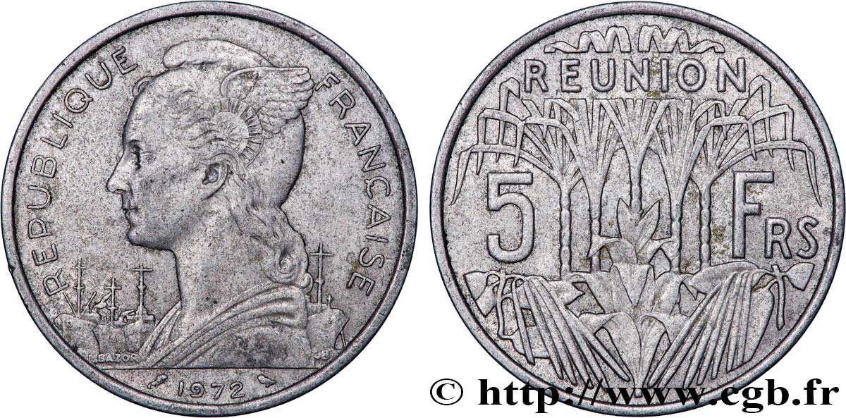 ISLA DE LA REUNIóN 5 Francs Marianne / canne à sucre 1972 Paris MBC 