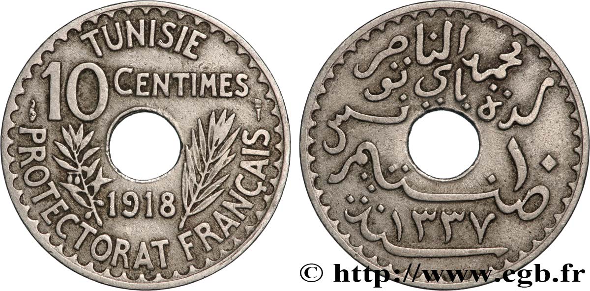 TUNISIA - French protectorate 10 Centimes AH 1337 1918 Paris XF 