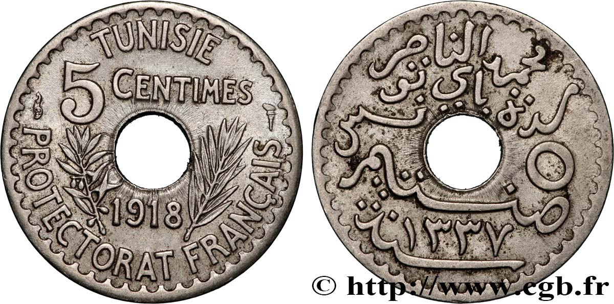 TUNISIA - FRENCH PROTECTORATE 5 Centimes AH 1337 1918 Paris XF/AU 