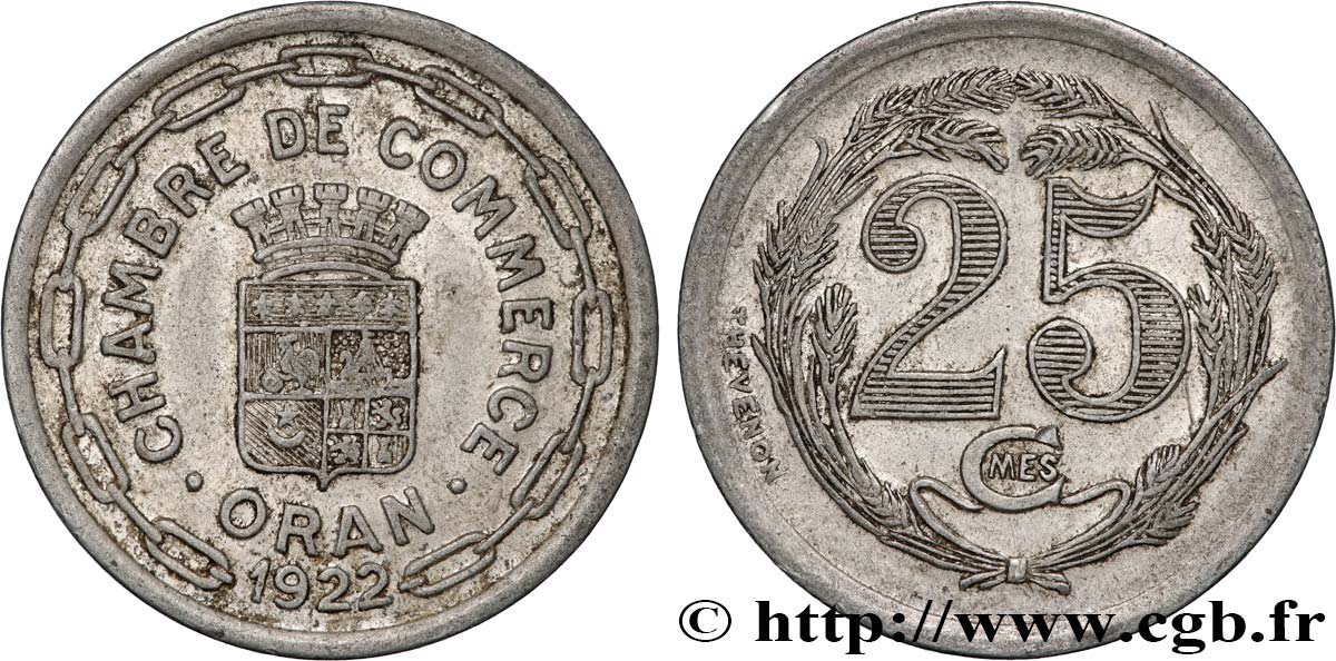 ALGÉRIE 25 Centimes Chambre de Commerce d’Oran 1922  TTB 