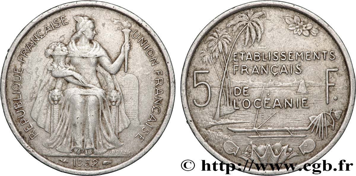 POLINESIA FRANCESE - Oceania Francese 5 Francs Établissements Français de l’Océanie 1952 Paris BB 