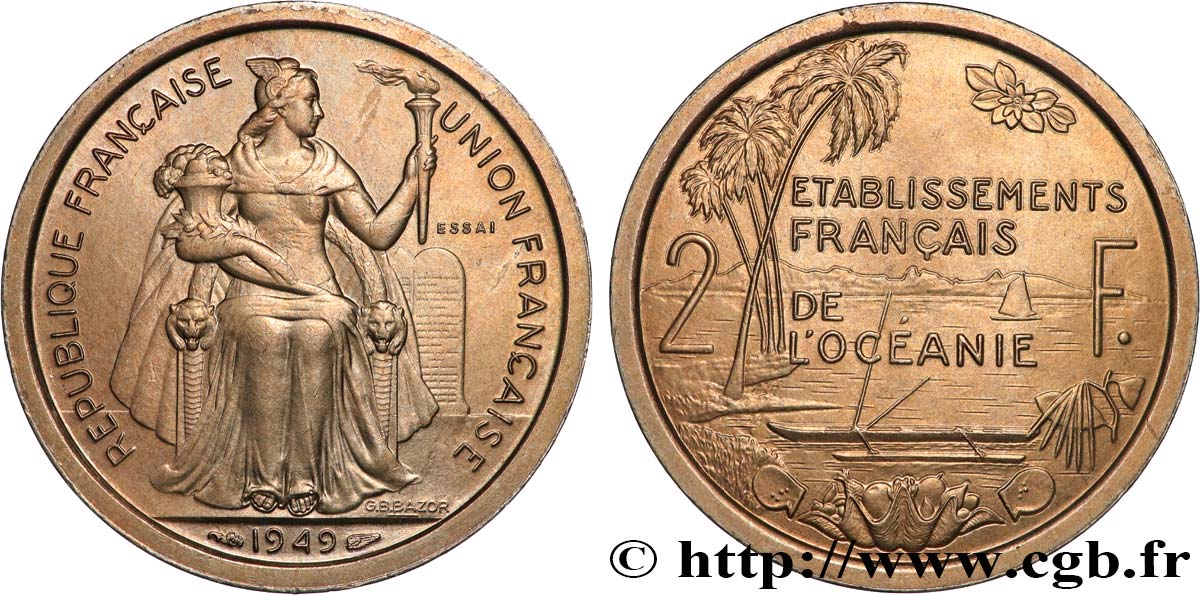 FRENCH POLYNESIA - French Oceania Essai de 2 Francs Établissements français de l’Océanie 1949 Paris MS 