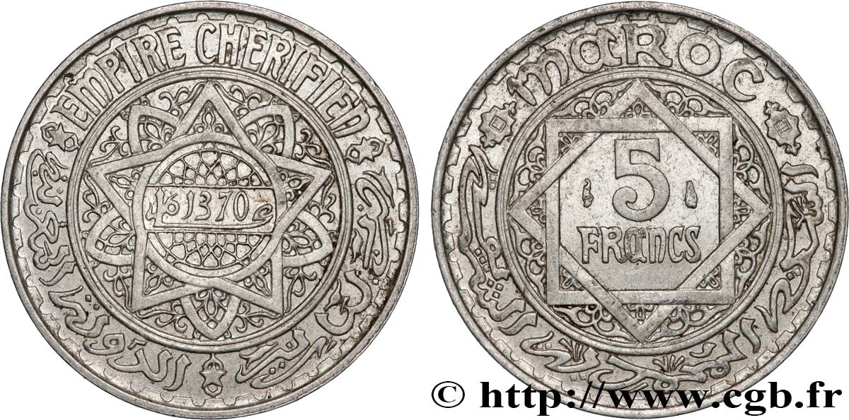 MAROCCO - PROTETTORATO FRANCESE 5 Francs AH 1370 1951  SPL 